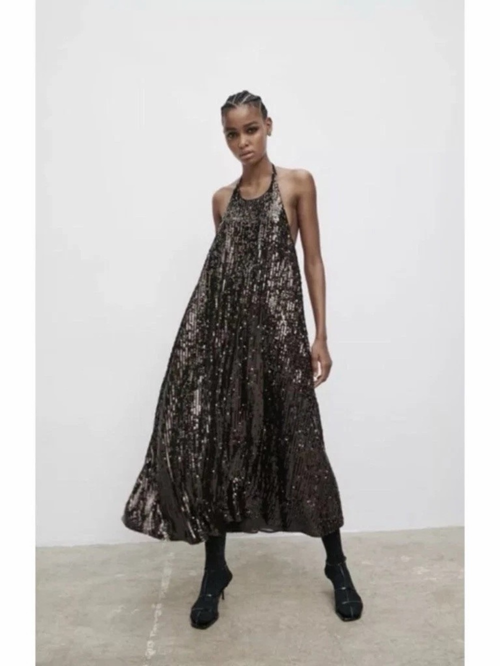 ZARA Sequin Halter Midi Dress Chocolate Brown Bronze Evening Gown S